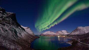 Paisaje nocturno con montañas nevadas, un lago tranquilo y las auroras boreales.