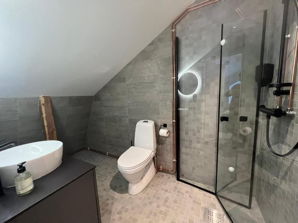 A modern bathroom with a glass shower enclosure, a white toilet, and a large sink.