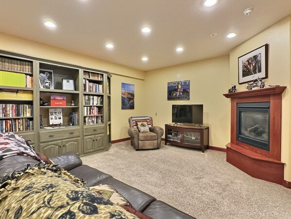 Smart TV, fireplace, books