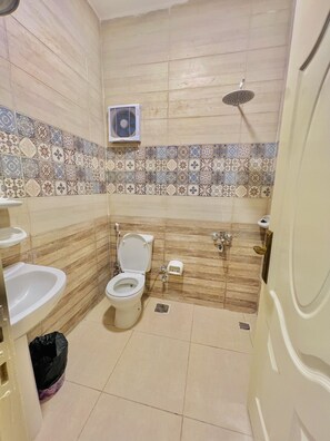 Shower, free toiletries, hair dryer, slippers