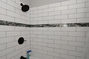 Shower, hair dryer, shampoo