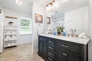Shower, towels, soap, shampoo