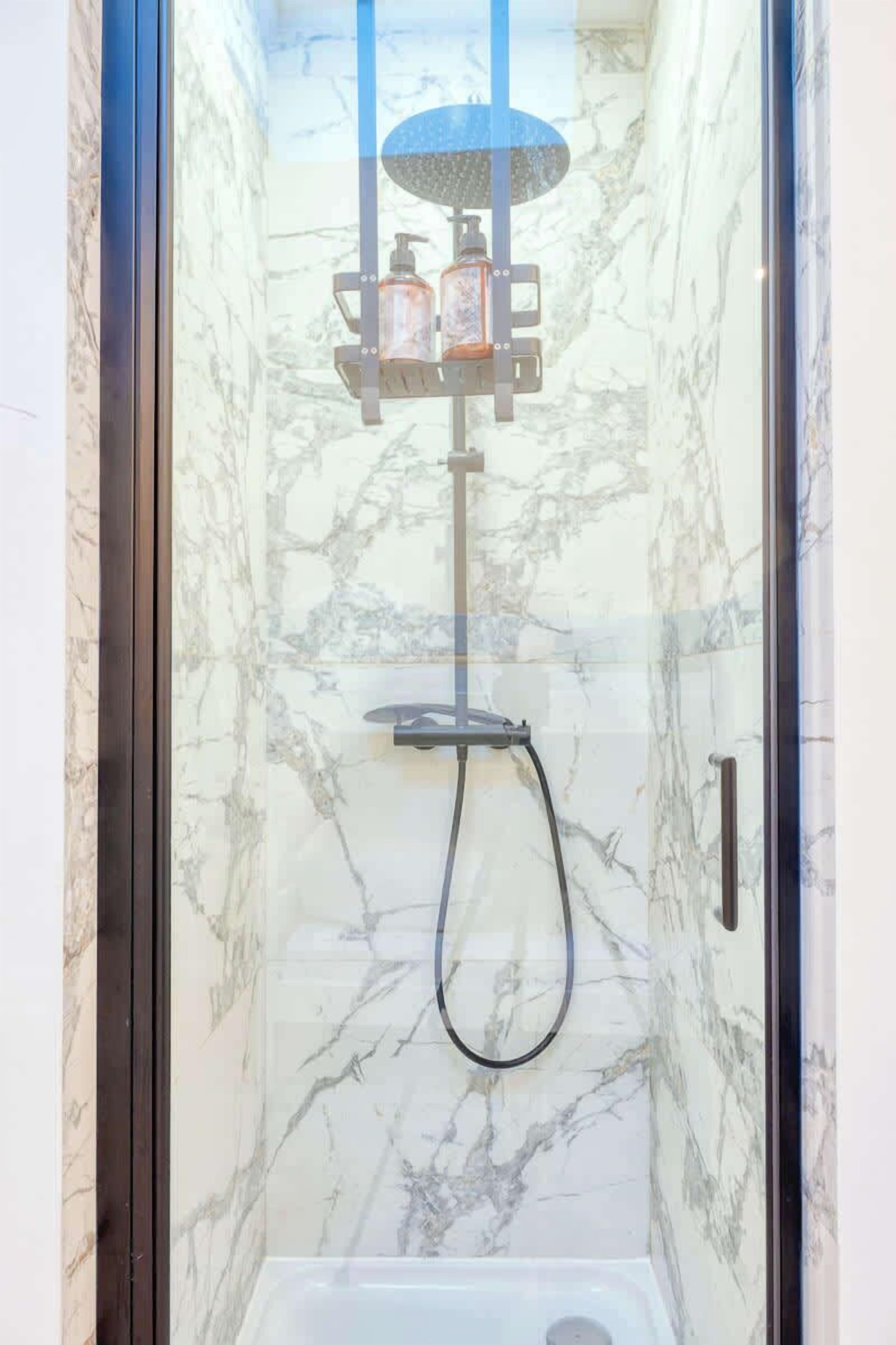 Shower, hair dryer, towels