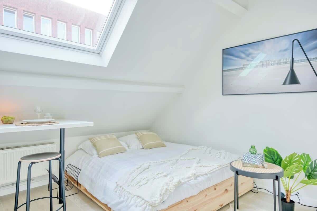 The bedroom has a skylight installed, allowing tons of beautiful natural light to fill up the space.