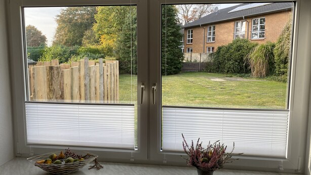 A window with a view of a backyard, a wooden fence, and a house. - Family vacation near the North Sea near Büsum. Great day trips with children on the agenda. (Heide)