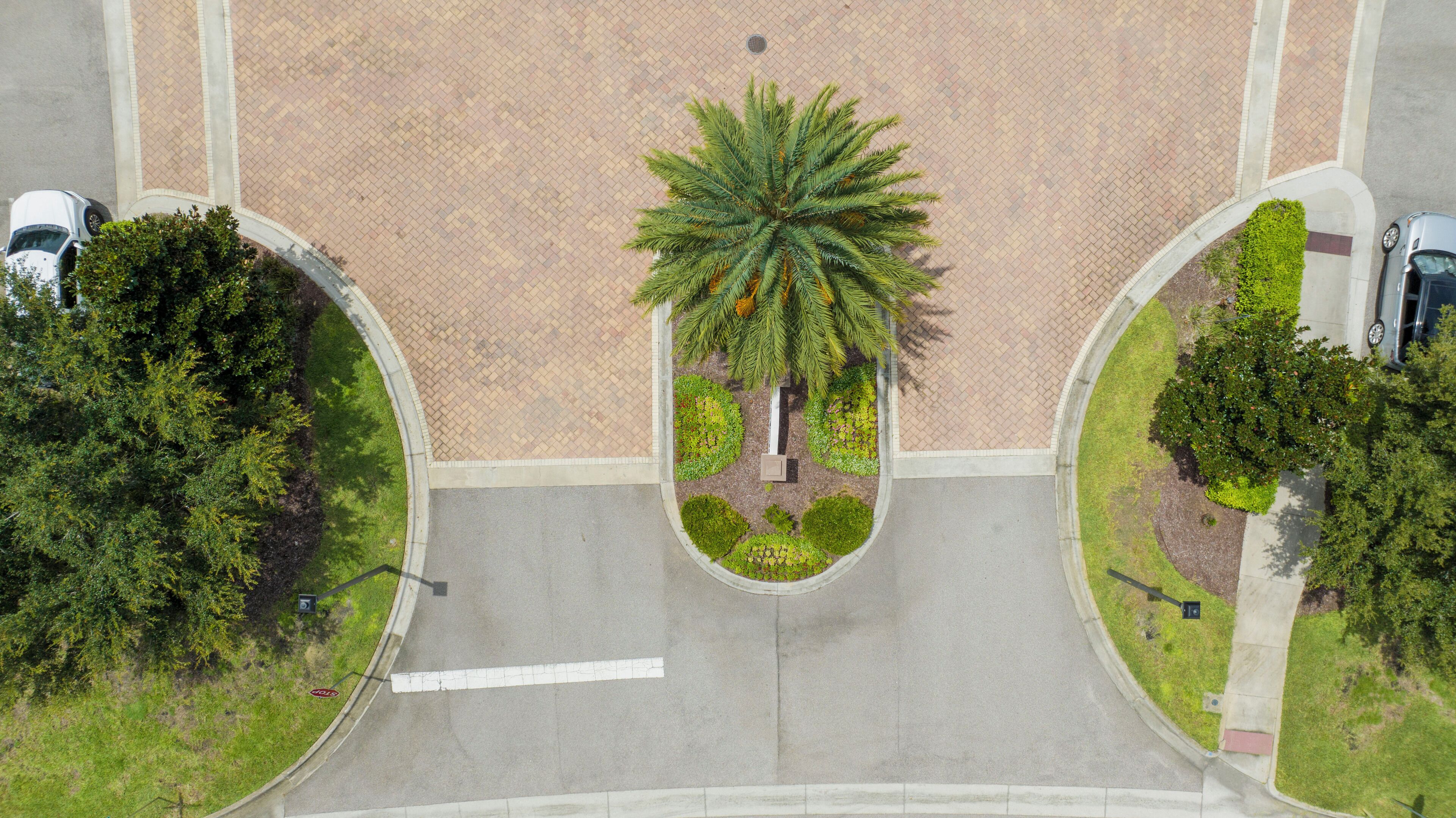 Luchtbeeld van een parkeerplaats met twee auto's, een palmboom en aangelegde groenstroken.
