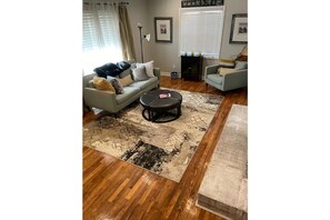 Smart TV, fireplace, books, stereo