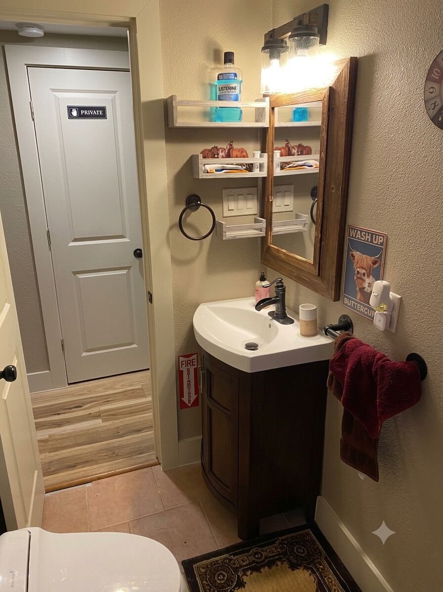 Ein Badezimmer mit einem weißen Waschbecken, einem Spiegel, einem Handtuchhalter und einer Toilette. Auf der Tür ist ein Schild mit der Aufschrift 'PRIVATE' zu sehen, an der Wand befindet sich ein Feueralarmschild.