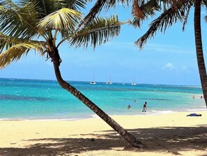 A beach with clear turquoise water, palm trees, and sailboats in the distance.