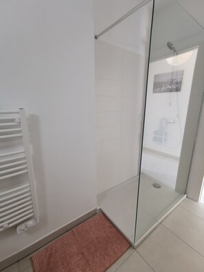Shower, hair dryer, towels, toilet paper