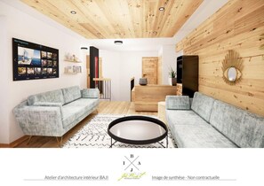 Relax in this stylish living room with a sofa, coffee table, and flat-screen TV.