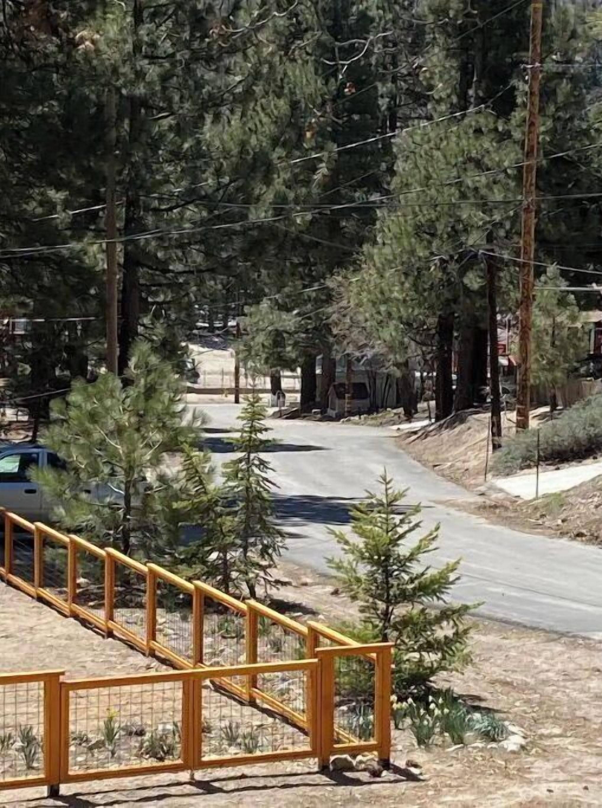 A paved road with a yellow railing in the foreground, surrounded by trees and a clear sky.