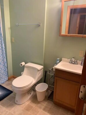 Kombinert dusj/badekar, håndklær, sjampo og toalettpapir