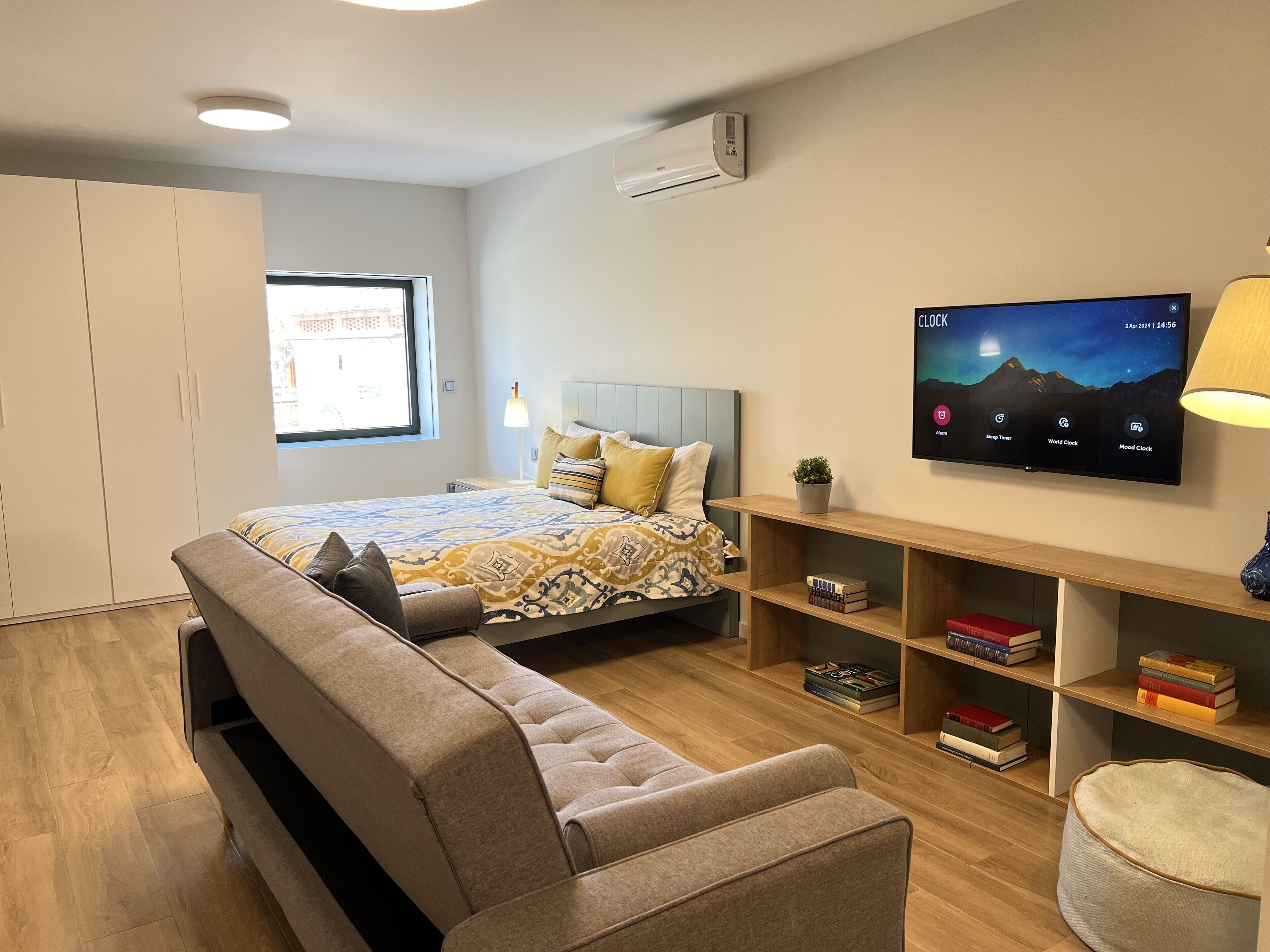 A modern bedroom with a bed, a sofa, a TV, and a bookshelf.
