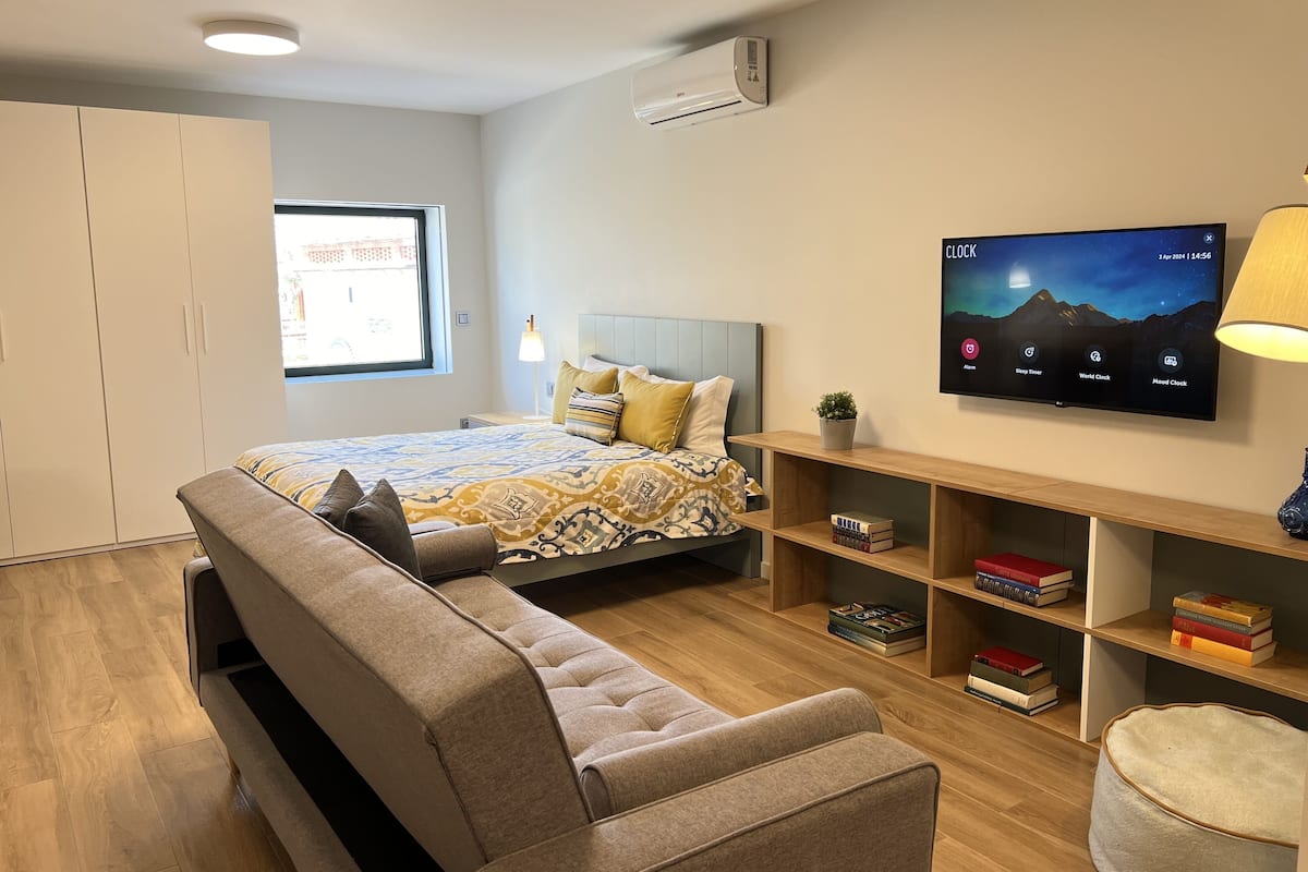 Un dormitorio moderno con cama, sofá, televisor y estantería.