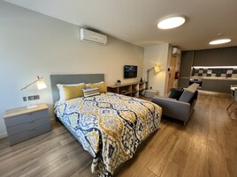 Una habitación de hotel moderna con una cama grande, un sofá, un escritorio, un televisor y una kitchenette.