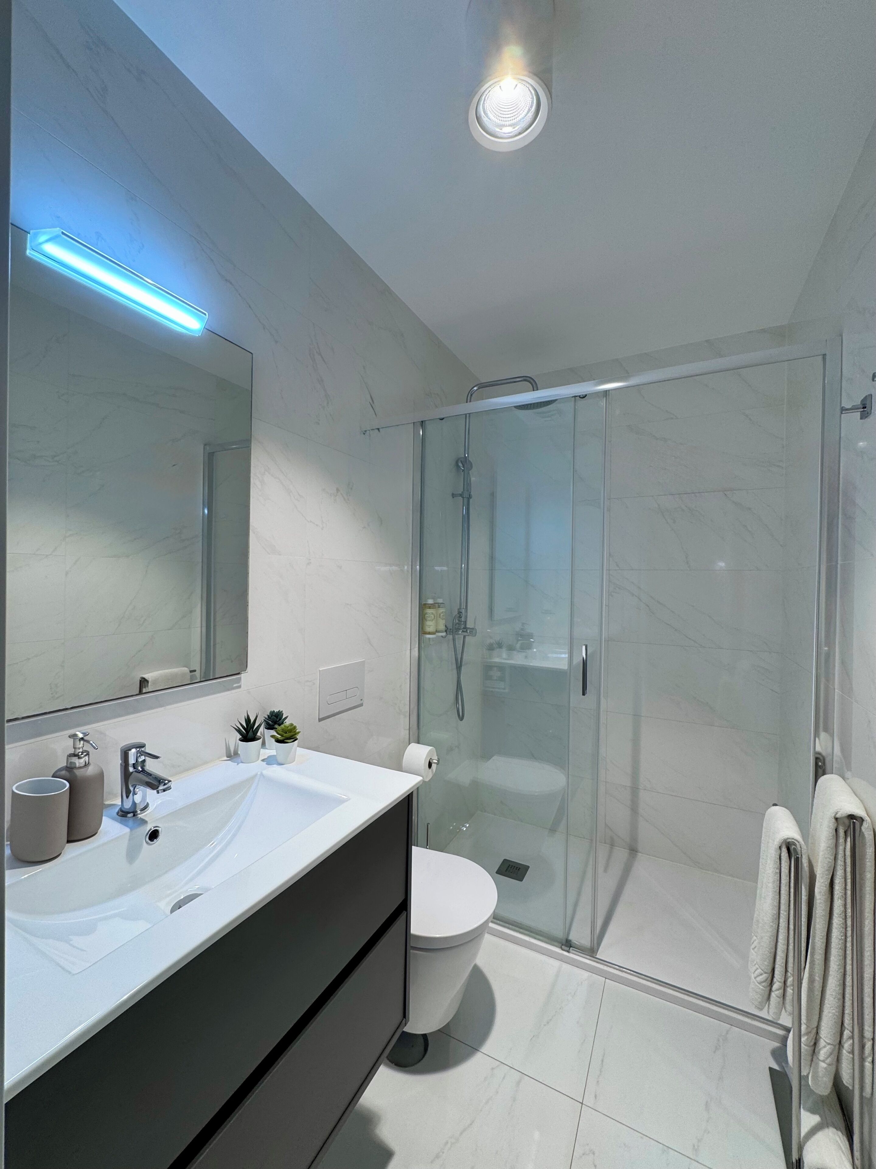 A modern bathroom with a glass shower enclosure, a white sink with a mirror above it, and a toilet.