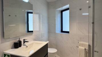 A modern bathroom with a large mirror, a sink, a toilet, and a shower area.