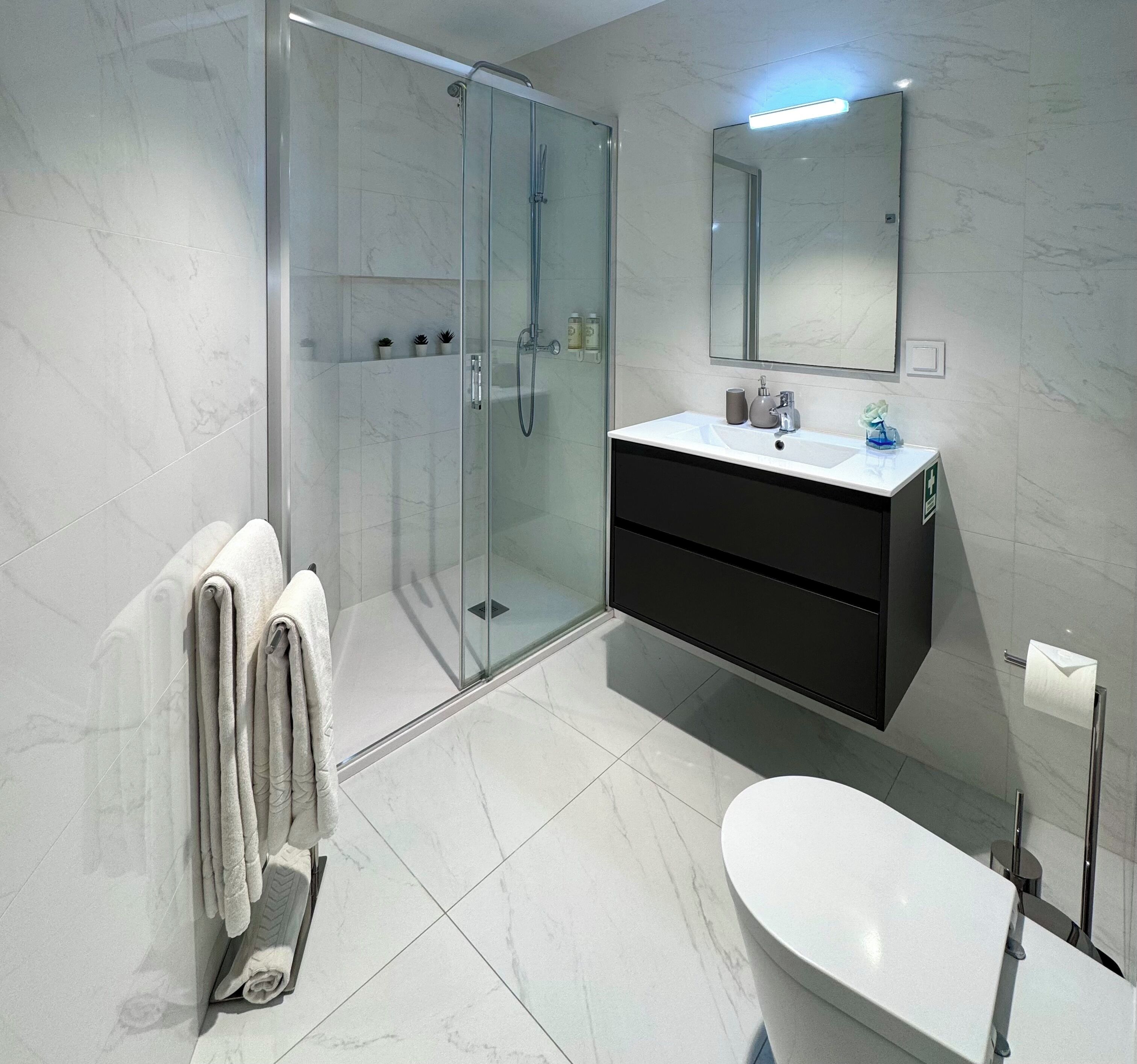 Une salle de bain moderne avec une douche à parois de verre, un lavabo blanc et un grand miroir.