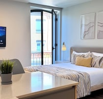 Habitación de hotel con cama, escritorio, planta en maceta, lámpara y ventana con vista a edificios.