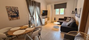 Una Smart TV, una chimenea, un reproductor de DVD, libros