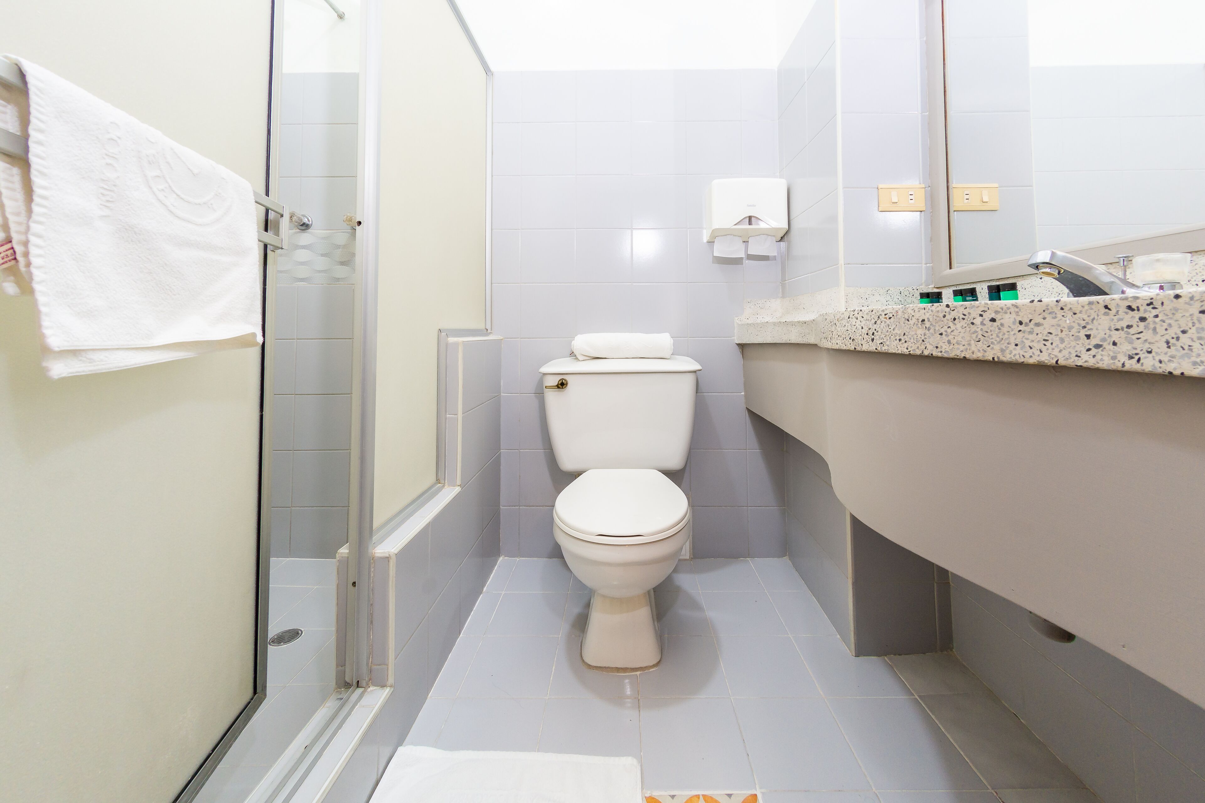 A bathroom with a toilet, a shower, and a sink.