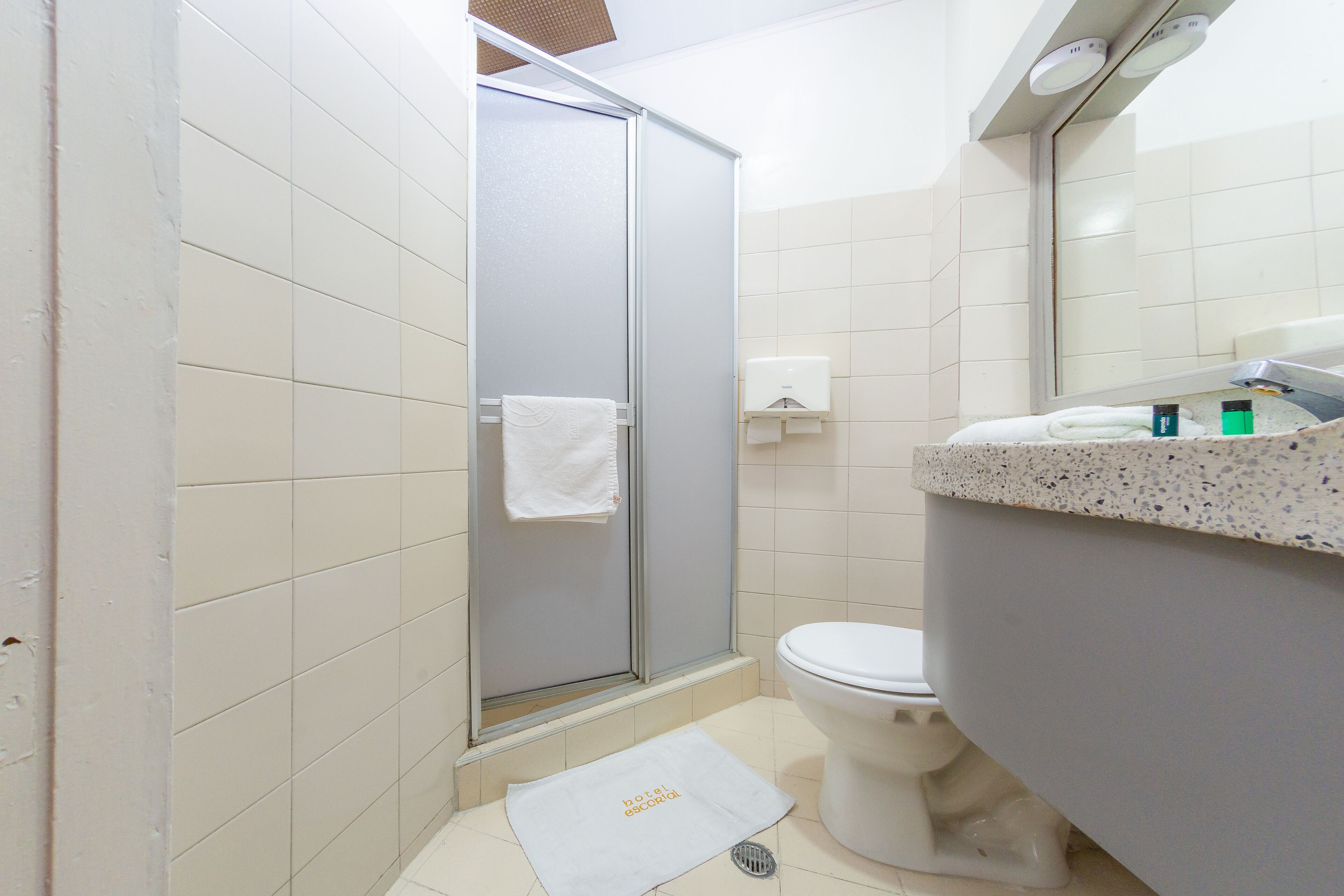 Une salle de bain avec une douche, des toilettes et un porte-serviettes.