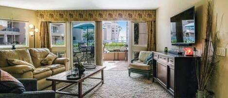 Smart TV, fireplace, books