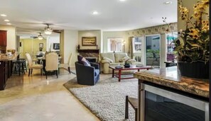 Smart TV, fireplace, books