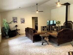 Smart TV, chimenea y libros