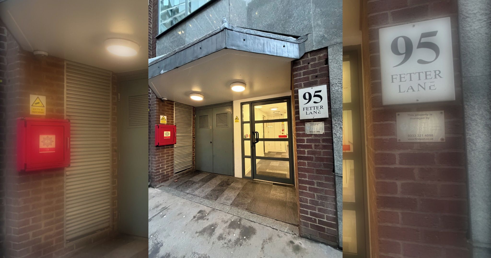 A property entrance with a number sign, a fire alarm box, and a gated door.