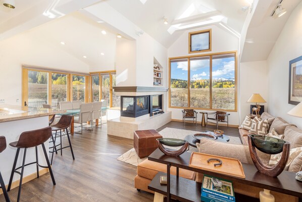 Smart TV, fireplace, DVD player, stereo