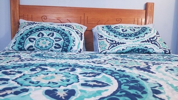 A bed with a patterned bedspread and two pillows with a similar design. - Apartment with bath, tv, ac and a view to die for (Estate Bovoni)