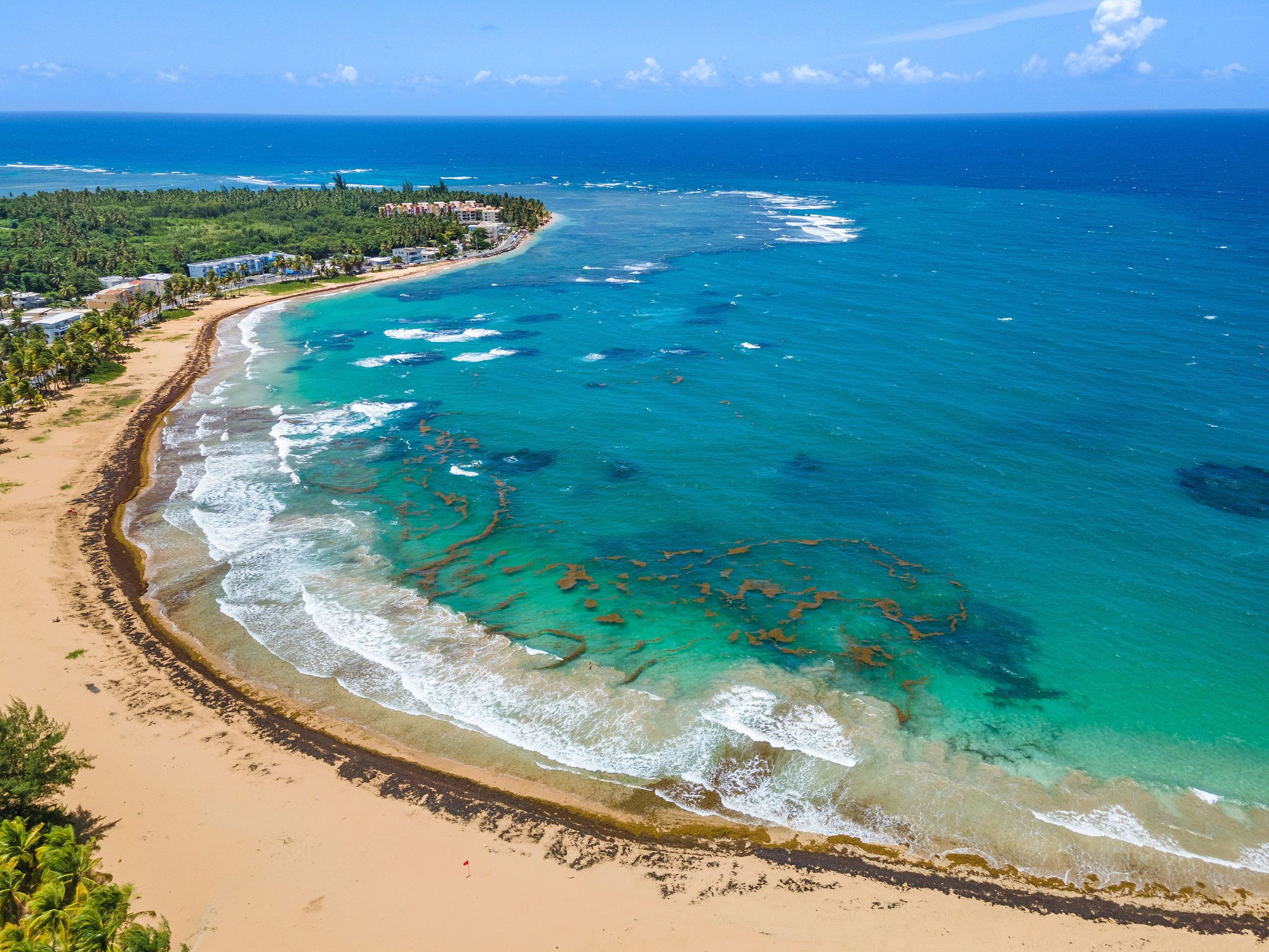 A coastal beach with clear turquoise waters, a sandy shoreline, and a backdrop of a forested area.