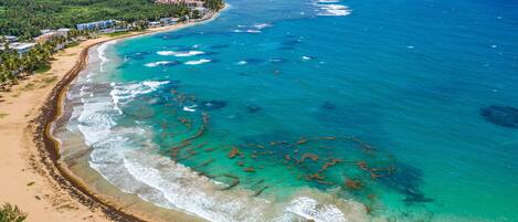 A coastal beach with clear turquoise waters, a sandy shoreline, and a backdrop of a forested area.