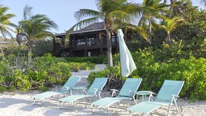 A beachfront property with a wooden building, palm trees, and a row of beach chairs. - Featherstone - Upstairs Beach Front Apartment (Tibbett's Turn)