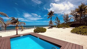 A swimming pool with a wooden deck, surrounded by palm trees and a beach. - Featherstone - Upstairs Beach Front Apartment (Tibbett's Turn)