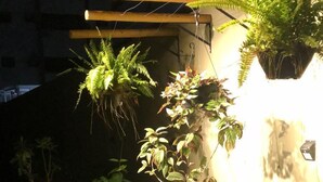 A well-lit indoor garden area with various potted plants and a hanging plant arrangement.