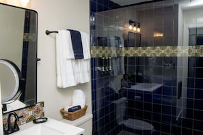 Shower, hair dryer, shampoo