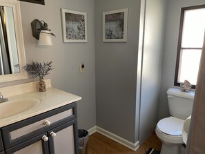 Combined shower/bathtub, towels, toilet paper