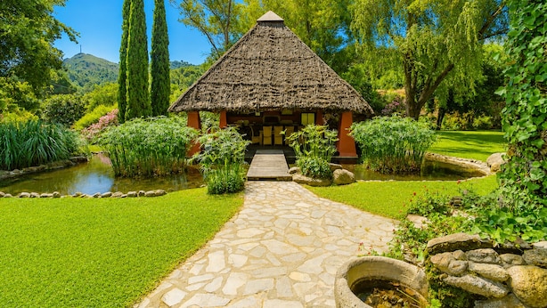 A thatched-roof hut with a stone pathway leading to it, surrounded by lush greenery and a small pond.