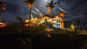 Un edificio moderno con fachada de vidrio, rodeado de palmeras, bajo un cielo nocturno con luna visible.