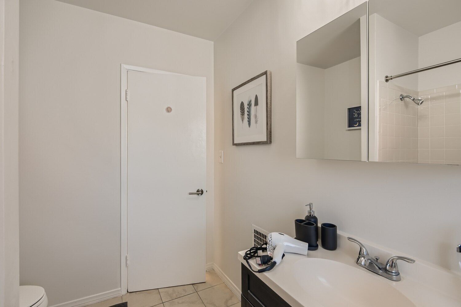 Une salle de bain avec une porte blanche, un lavabo avec un miroir et un tableau encadré au mur.
