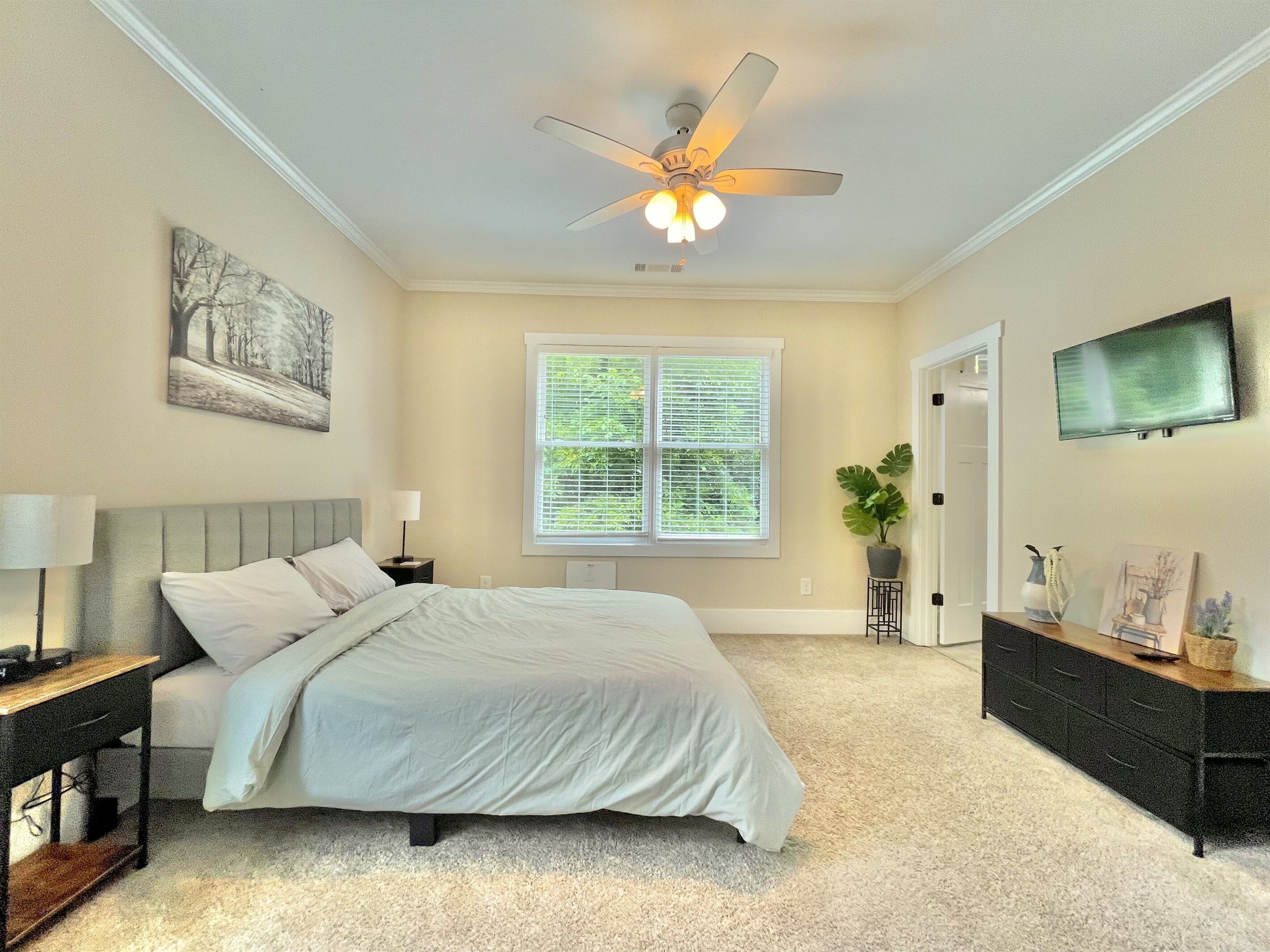 Une chambre avec un lit, un ventilateur de plafond, une fenêtre avec des stores, un téléviseur fixé au mur et une plante.