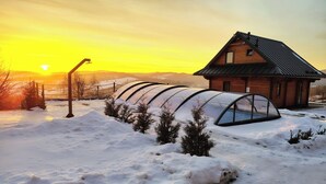 A wooden cabin with a metal roof, surrounded by snow-covered ground and a greenhouse structure.