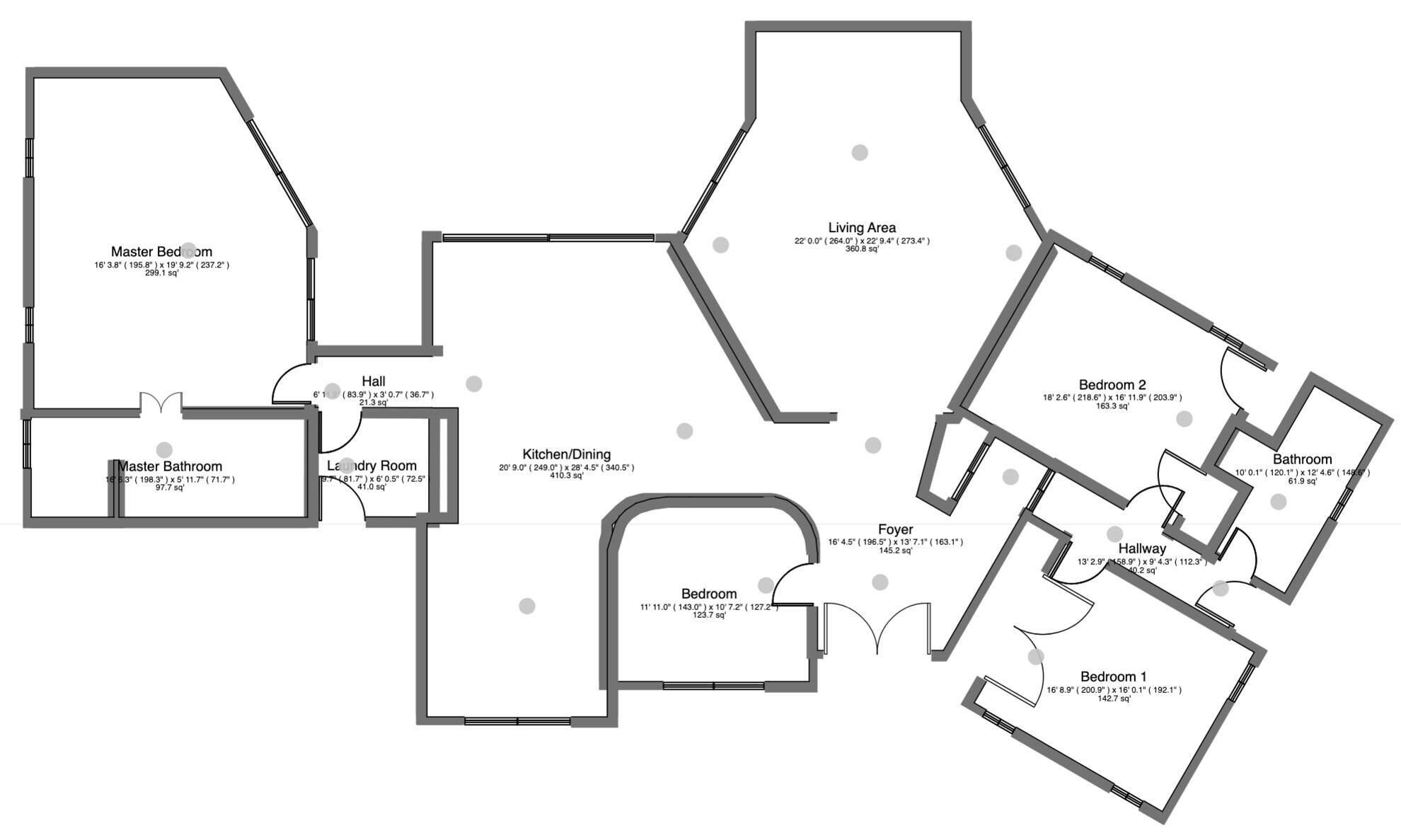 A floor plan of a house with a master bedroom, master bathroom, laundry room, kitchen/dining, two bedrooms, a foyer, and a hallway.