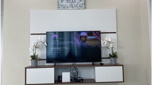Een moderne woonkamer met een flatscreen televisie aan een witte muur, omringd door twee witte orchideeën.