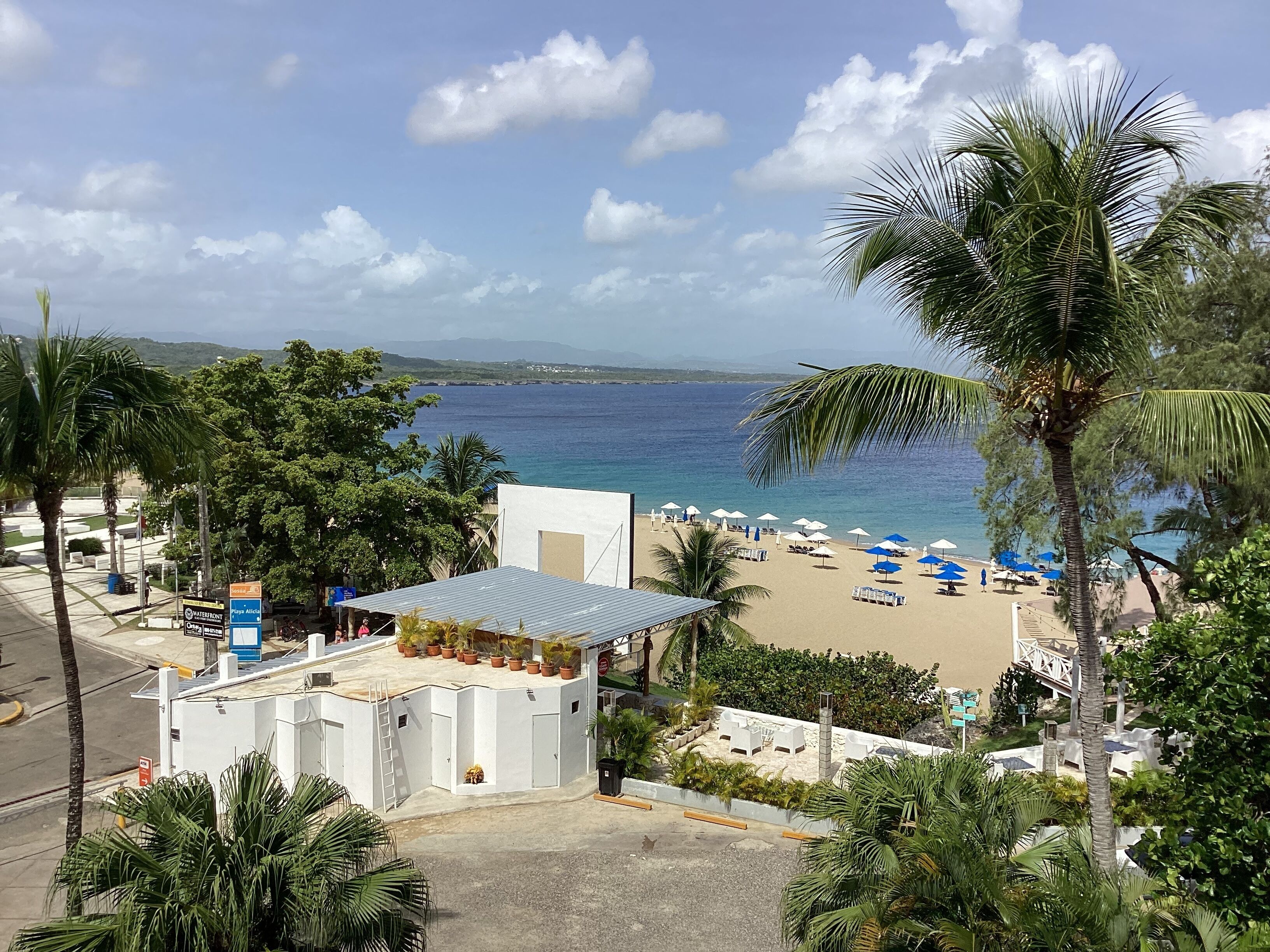 Un hôtel situé en bord de mer, offrant une vue sur l’océan, avec un parking et plusieurs palmiers.