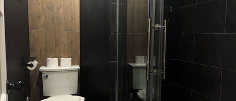 Combined shower/bathtub, hair dryer, towels, soap