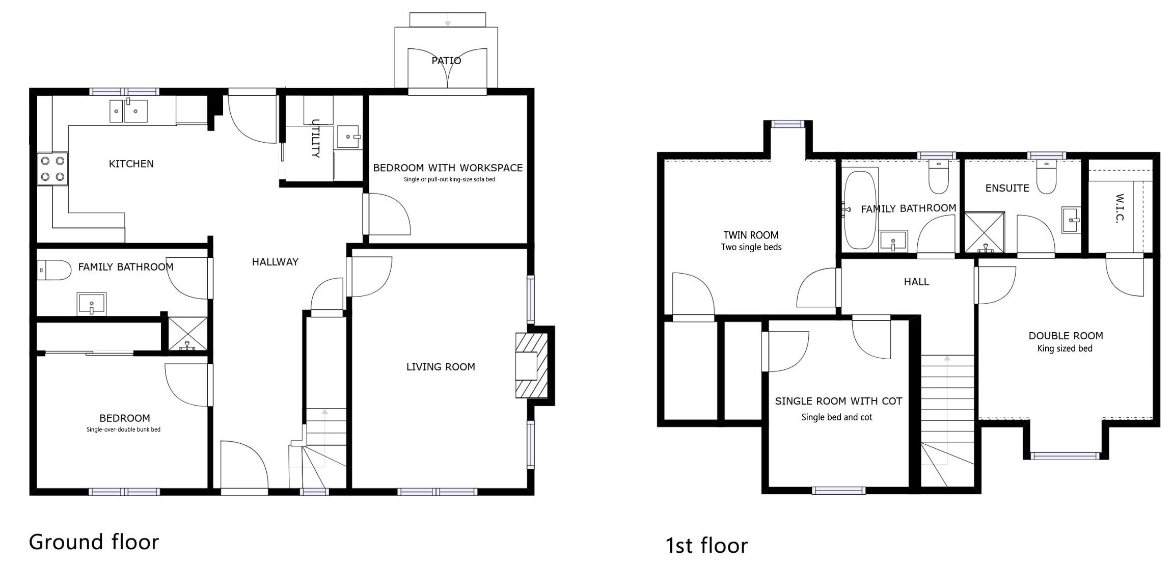 A ground floor and first floor floor plan of a hotel with a kitchen, family bathroom, twin room, single room with cot, living room, bedroom, and a patio.